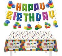 ZenyTra Kit de décoration d'anniversaire - 1 guirlande + 6 spirales + nappe de 220 x 130 cm pour fête d'enfant, guirlande de blocs de construction, table à thème et décoration de blocs de construction