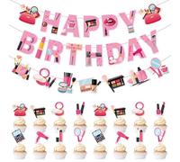 ZenyTra Kit de décoration d'anniversaire 38 pièces - Bannière et décoration de gâteau « Happy Birthday » pour femmes et filles - Décoration de fête avec guirlande et motif de maquillage