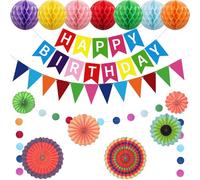 ZenyTra Kit de décoration d'anniversaire arc-en-ciel | 16 éventails en papier et guirlande complète | Décoration de fête réutilisable avec boules en nid d'abeille et guirlande de fanions | Décoration