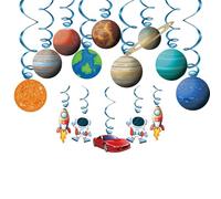 ZenyTra Kit de décoration spatiale 14 pièces - Avec 9 planètes, 2 fusées, 2 astronautes et 1 voiture, spirales de plafond pour chambre d'enfant et fête spatiale