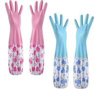ZenyTra Lot de 2 gants de ménage au design floral, extra longs, avec doublure en peluche et imprimé floral, imperméables et isolés thermiquement, pour le jardinage et le nettoyage, rose et bleu