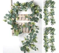 ZenyTra Lot de 2 guirlandes de plantes artificielles de 1,8 m - Guirlande suspendue avec feuilles vertes et fleurs blanches - Pour mariage, fête, décoration de table, arc, arrière-plan, décoration