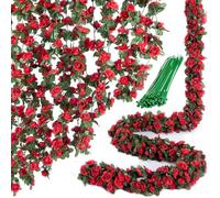 ZenyTra Lot de 2 guirlandes de roses artificielles rouges - 2,4 m de long - Guirlande de fleurs en soie avec 45 fleurs pour décoration de mariage, jardin, balcon, salon (avec 20 supports de fixation