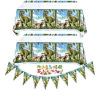 ZenyTra Lot de 2 nappes de table - Motif dinosaures - Guirlande et 50 autocollants - 180 x 108 cm - Décoration d'anniversaire pour anniversaire d'enfant - Décoration de fête jurassique