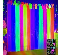 ZenyTra Lot de 2 rideaux à lamelles néon - 6 couleurs (1 x 2 m) - Décoration de fête UV fluorescente avec 1 autocollant, serpentins pour discothèque, anniversaire et fond photo