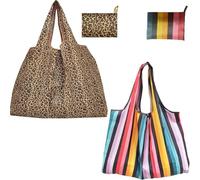 ZenyTra Lot de 2 sacs de courses pliables | 50 x 60 cm Grand sac réutilisable en tissu | Motif léopard et rayures arc-en-ciel | Réutilisable et séchage rapide pour le shopping, les voyages et les