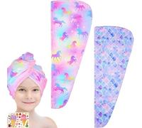 ZenyTra Lot de 2 serviettes turban en microfibre - Avec boutons - Séchage rapide - Pour femme et enfant - Avec 2 autocollants DIY