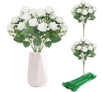 ZenyTra Lot de 20 roses blanches artificielles avec 10 rubans supplémentaires - 32 cm Roses réalistes en soie pour décoration de mariage, bouquet de mariée, décoration de table, baptême et événement