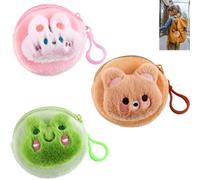 ZenyTra Lot de 3 portefeuilles en peluche pour enfants - Motif lapin, grenouille, ours avec mousqueton pour sac à dos et cartable, pour filles et garçons (doux, sûr, lavable)
