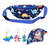 ZenyTra Lot de 3 sacs banane dinosaures avec 3 porte-clés - Sac banane pour enfants en bleu foncé - Sac banane léger pour la course, la randonnée, le sport, les voyages - Cadeau pour garçons et filles