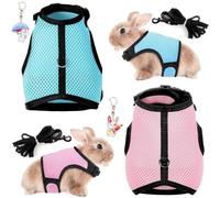 ZenyTra Lot de 4 harnais réglables en maille pour lapin, bleu clair et rose clair, avec laisse et 2 porte-clés lapin, équipement pour petits animaux