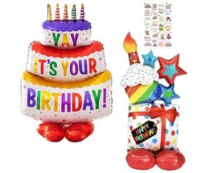 ZenyTra Lot de ballons « Happy Birthday » debout, 1 ballon XXL à 3 étages avec base, 1 boîte cadeau ballon avec base + 25 autocollants, décoration d'anniversaire