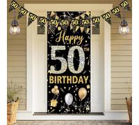 ZenyTra Lot de bannières et guirlandes pour 50e anniversaire - 180 x 90 cm - Noir et doré - Décoration d'anniversaire pour homme et femme - Décoration de qualité supérieure pour 50e anniversaire