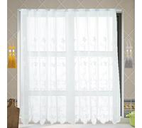 ZenyTra Rideau brise-bise 120 x 150 cm semi-transparent avec broderie papillon et fleur - 1 pièce + 4 pompons (doré et argent) - Avec œillets - Rideau de cuisine - Blanc