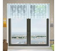 ZenyTra Rideau brise-bise court 150 x 50 cm semi-transparent avec broderie papillon et fleur - 1 pièce + 4 pompons (doré et argent) - Avec œillets - Blanc