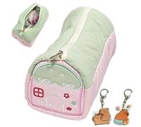 ZenyTra Trousse design maison XXL avec 2 porte-clés Capybara - Trousse à crayons en velours doux pour l'école, les études, le bureau, les adolescents et les adultes (rose vert)