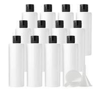 ZEOABSY 12 Pièces 200 ML Blanc Bouteille en Plastique avec Bouchon à Charnière Noir, Épaule Plate Vider Bouteille Ronde en PET de Voyage pour Cosmétiques Liquides
