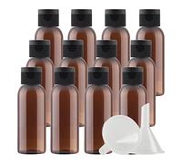 ZEOABSY 12 Pièces 50 ML Marron Bouteille en Plastique avec Bouchon à Charnière Noir, DIY Vider Bouteille Ronde en PET de Voyage pour Cosmétiques Liquides