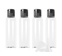 ZEOABSY 4 Pièces 120 ML Transparent Bouteille en Plastique avec Bouchon à Charnière Noir, DIY Vider Bouteille Ronde en PET de Voyage pour Cosmétiques Liquides