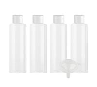 ZEOABSY 4 Pièces 200 ML Transparent Bouteille en Plastique avec Bouchon Scellé à Vis Blanc et Réducteur D'orifice, Vider Bouteille Ronde Épaule Plate pour Cosmétiques Liquides (UNSQUEEZABLE)
