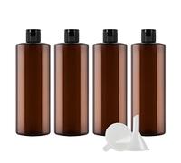 ZEOABSY 4 Pièces 500 ML Marron Bouteille en Plastique avec Bouchon à Charnière Noir, Épaule Plate Vider Bouteille Ronde en PET de Voyage pour Cosmétiques Liquides
