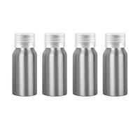 ZEOABSY 4 Pièces Argent Flacon Aluminium Vides 50ml Bouteille en Aluminium avec Bouchon Vissant en Plastique Transparent pour Cosmétique Shampooing Salle de Bains Hôtel Voyage Rechargeables