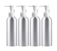 ZEOABSY 4 Pièces Argent Flacons à Pompe Vides en Aluminium de 200ml avec Pompe Distributeur de Lotion, Cosmétique, Shampooing, Crème, Gel, Salle de Bains Hôtel Rechargeables, Bouteille de Voyage