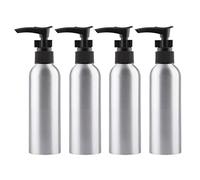ZEOABSY 4 Pièces Argent Flacons à Pompe Vides en Aluminium de 200ml avec Pompe Distributeur de Lotion de Noir, Cosmétique, Shampooing, Salle de Bains Hôtel, Rechargeables Bouteille de Voyage