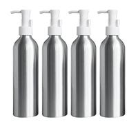 ZEOABSY 4 Pièces Argent Flacons à Pompe Vides en Aluminium de 250ml avec Pompe Distributeur de Lotion, Cosmétique, Shampooing, Crème, Gel, Salle de Bains Hôtel Rechargeables, Bouteille de Voyage