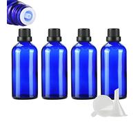 ZEOABSY 4 Pièces Flacon Aromathérapie 100ml en Verre Bleu avec Bouchon Codigoutte Noir, Compte Gouttes Inviolable, Bouteilles en Verre D'huile Essentielle Vides Flacon de Voyage