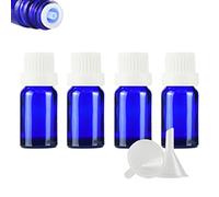 ZEOABSY 4 Pièces Flacon Aromathérapie 10ml en Verre Bleu avec Bouchon Codigoutte Blanc, Compte Gouttes Inviolable, Bouteilles en Verre D'huile Essentielle Vides Flacon de Voyage