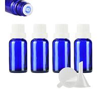 ZEOABSY 4 Pièces Flacon Aromathérapie 20ml en Verre Bleu avec Bouchon Codigoutte Blanc, Compte Gouttes Inviolable, Bouteilles en Verre D'huile Essentielle Vides Flacon de Voyage