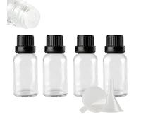 ZEOABSY 4 Pièces Flacon Aromathérapie 20ml en Verre Clair avec Bouchon Codigoutte Noir, Compte Gouttes Inviolable, Bouteilles en Verre D'huile Essentielle Vides Flacon de Voyage
