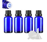 ZEOABSY 4 Pièces Flacon Aromathérapie 30ml en Verre Bleu avec Bouchon Codigoutte Noir, Compte Gouttes Inviolable, Bouteilles en Verre D'huile Essentielle Vides Flacon de Voyage