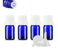 ZEOABSY 4 Pièces Flacon Aromathérapie 5ml en Verre Bleu avec Bouchon Codigoutte Blanc, Compte Gouttes Inviolable, Bouteilles en Verre D'huile Essentielle Vides Flacon de Voyage