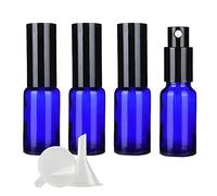 ZEOABSY 4 Pièces Flacon Spray Vide Verre Bleu 20ml Flacon Pulvérisateur en Verre Ambré et Pompe Spray avec Capot Noirs Pour Huiles Essentielles, Aromathérapie, Parfums Voyage + Entonnoir