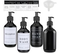 ZEOABSY Lot de 4 Rechargeables Noir Flacons à Pompe Vides en Plastique de 300 ML avec Pompe Distributeur de Lotion, Shampooing, Crème lavante, Gel Douche, Salle de Bains Hôtel, Entonnoir