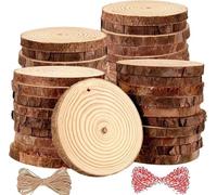 ZEONHAK Lot de 40 tranches de bois naturel de 9 à 10 cm avec trous percés, cercles en bois brut avec corde de suspension, tranches de bois de pin pour loisirs créatifs, décorations de Noël, art