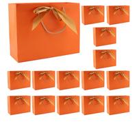 ZEONHEI Lot de 15 sacs cadeaux en papier orange avec nœud doré - Sacs de fête en papier avec poignées - Pour anniversaire, Noël, mariage - 32 x 25 x 11 cm