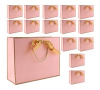 ZEONHEI Lot de 15 sacs cadeaux en papier rose avec nœud doré - Sacs de fête en papier avec poignées - Pour anniversaire, Noël, mariage - 32 x 25 x 11 cm