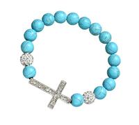 ZEPFJHE Bracelet élastique en pierre turquoise naturelle bleue avec breloque crucifix - Bijou de taille flexible - Accessoires de poignet élégants - Breloque crucifix religieux, taille unique, Comme