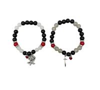 ZEPFJHE Bracelets de Perles Blanches Rouges avec Pendentif en Forme de Chat Chauve-Souris Rose/Coeur de Guitare, chaîne de Poignet, Cadeaux Uniques pour Les Couples, Bracelets à de Chat Chauve-Souris