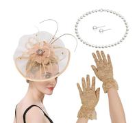 ZEPFJHE Chapeau bibi à fleurs avec collier et gants pour cocktail, événement, déguisement, jeu de rôle, accessoires de costume pour jeux de rôle, accessoires pour cheveux pour fête à thème