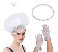 ZEPFJHE Chapeau bibi à fleurs avec collier et gants pour cocktail, événement, déguisement, jeu de rôle, accessoires de costume pour jeux de rôle, accessoires pour cheveux pour fête à thème