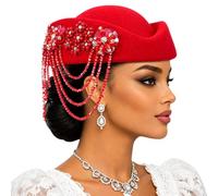 ZEPFJHE Chapeau de pilulier avec décoration de brins de | Feutre léger, rond sans bords, pompon de perles drapées pour Halloween et événement photo à thème