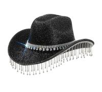 ZEPFJHE Chapeau panama de mariée avec strass étincelants pour femme - Accessoires photo pour femme - Pour la plage, les enterrements de vie de jeune fille, cow-boy et cowgirl, Noir , Taille unique