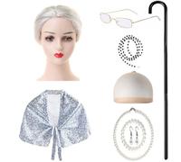 ZEPFJHE Costume d'Halloween 9 pièces pour femme avec châle, lunettes, collier, boucles d'oreilles, costume de grand-mère pour enfant malade