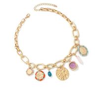 ZEPFJHE Élégant collier doré pour femme avec chaîne trombone et diverses breloques comme des étoiles de mer, des nœuds et des perles, bijoux pour occasions spéciales, taille unique, Comme décrit