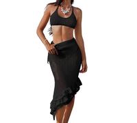 ZEPFJHE Élégant ensemble tankini à trois couches à volants avec bretelles réglables et couverture de plage pour piscine et plage, haut sans manches et design creux pour le plaisir du voyage