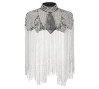 ZEPFJHE Étole en polyester avec perles 3D et franges spectaculaires pour tapis rouge architecte, noir/argenté, taille unique